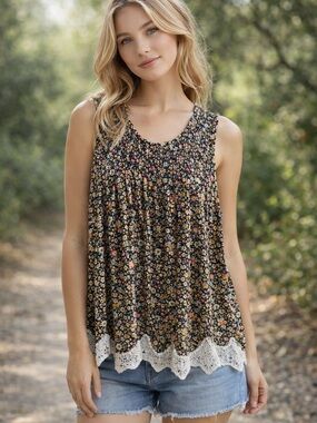 Rewind Black Floral Boho Festival Smocked Tank with Lace Hem Size L